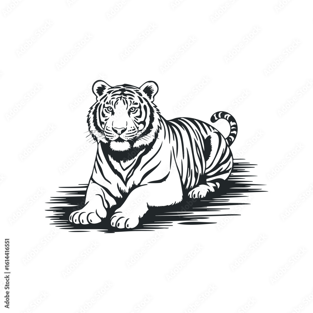 Naklejka premium Hand drawn vector illustration of a resting tiger in natural pose