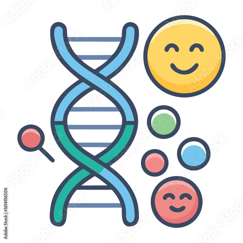 Happy Genes:  Vibrant Cartoon DNA Strand with Smiling Emojis, Positive Genetic Concept Illustration