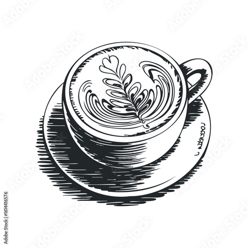 Hand drawn vector illustration of coffee with latte art on a saucer