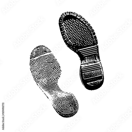 A pair of highly detailed, black and white boot prints with a grunge texture, perfect for illustrating a journey, forensic investigation, or a mysterious trail.
