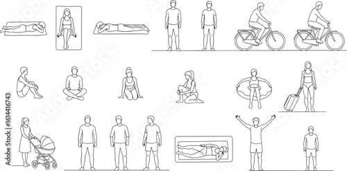 CAD Drawings. Set people outlines isolated on grey background. Sitting, walking, running. Top view. Vector illustration.