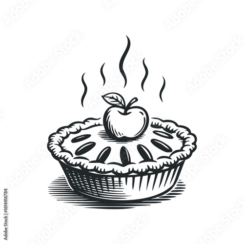 Hand drawn vector illustration of a steaming apple pie