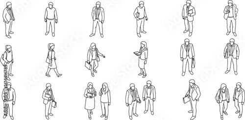 CAD Drawings. Set people outlines isolated on grey background. Sitting, walking, running. Top view. Vector illustration