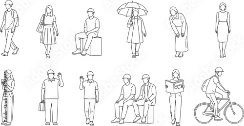 CAD Drawings. Set people outlines isolated on white background. Sitting, walking, etc.
