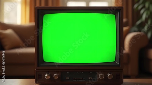 Retro green screen television mock-up croma key with glitching visuals, zoom-out reveals nostalgic items like vinyl records and old posters.