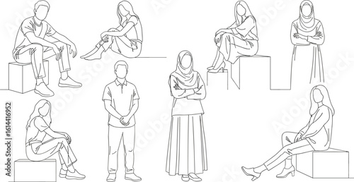 CAD Drawings. Set people outlines isolated on white background. Sitting, walking, dancing, etc.