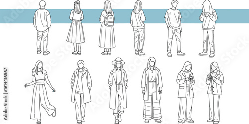 CAD Drawings. Set people outlines isolated on white background. Sitting, walking, dancing, etc.