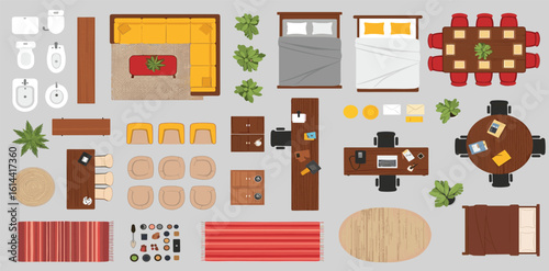 Colorful furniture outline top view. Floor plan icons set for design interior and architectural project. 