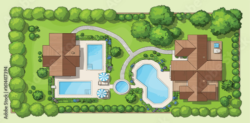 Design plan with house, courtyard, lawn and garage top view. Highly detailed plan of country with modern cottage, garden, pond, pool.