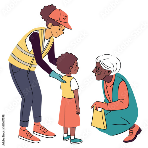 Young volunteer with a child helping an elderly person, an isolated intergenerational vector