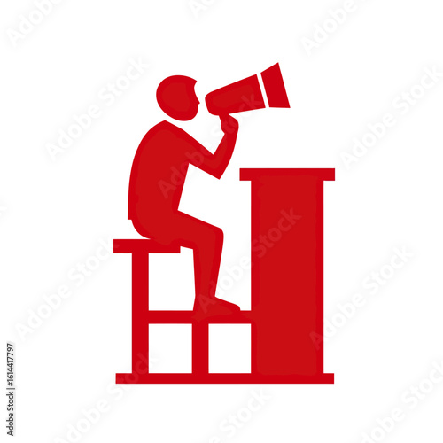 A bold, red silhouette icon of a person at a podium with a megaphone, a powerful symbol of public speaking, leadership, coaching, and influential communication.
