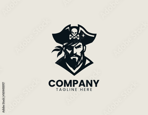 Geometric pirate skull head with eye patch vector logo illustration in modern flat abstract style for bold identity design