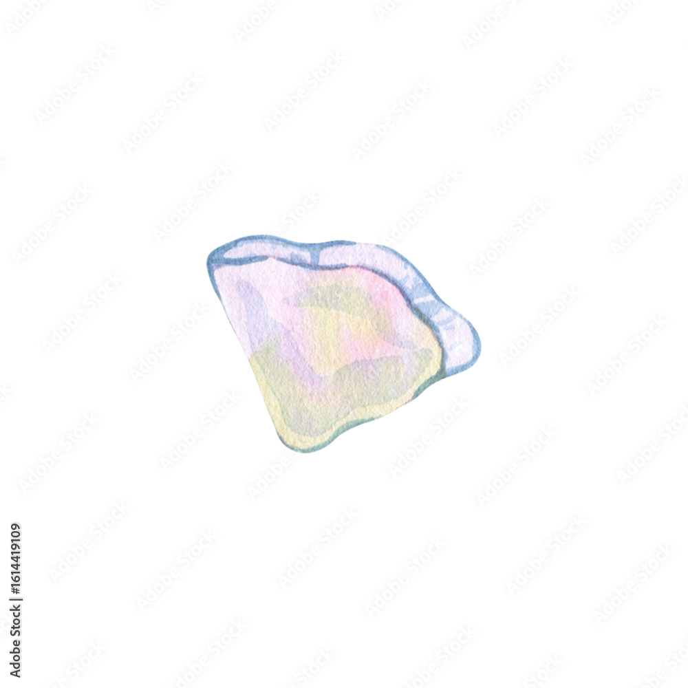 Fototapeta premium Seashell fragment, piece of ocean mollusk, mother of pearl, beach decoration, ocean shore souvenir, pastel colors on white background. Single isolated object. Hand drawn watercolor illustration