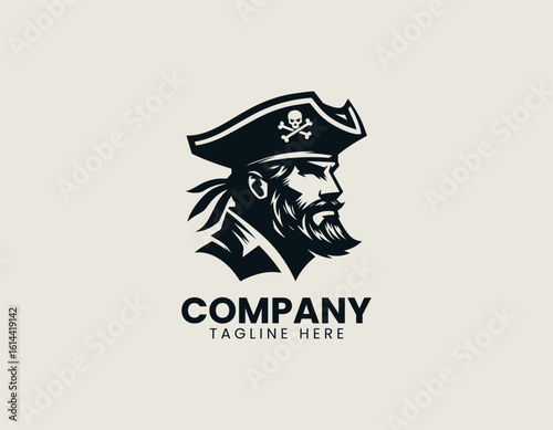 Geometric pirate skull head with eye patch vector logo illustration in modern flat abstract style for bold identity design