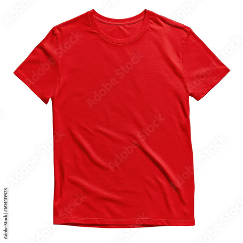 A vibrant red tshirt is shown against a stark black background