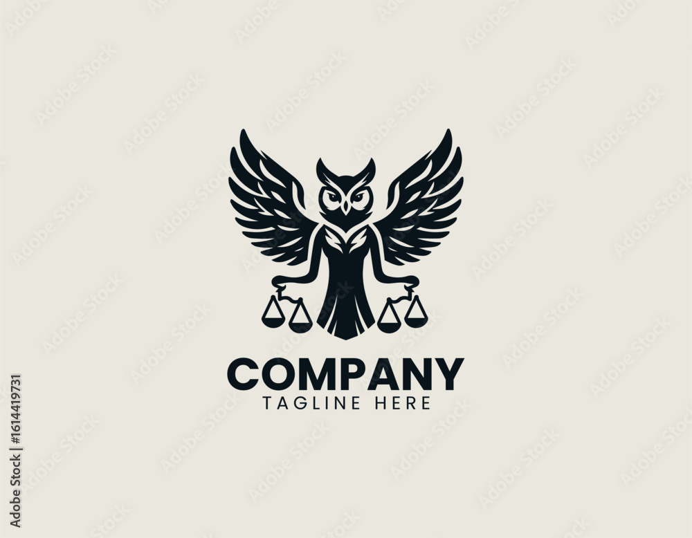 Fototapeta premium Majestic golden owl with outstretched wings holding scales of justice on a dark background. Legal concept