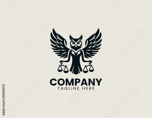 Majestic golden owl with outstretched wings holding scales of justice on a dark background. Legal concept