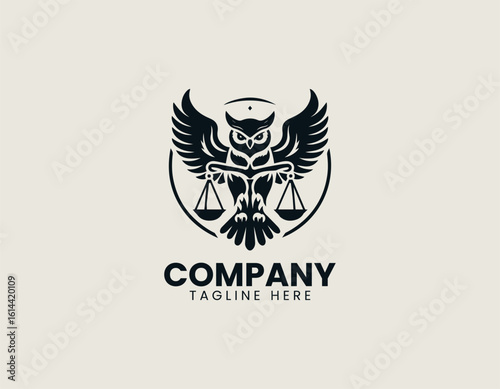 Majestic golden owl with outstretched wings holding scales of justice on a dark background. Legal concept