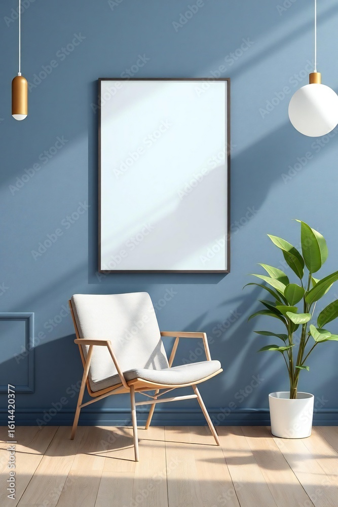 Fototapeta premium Modern living room with blue walls a chair and pendant lights