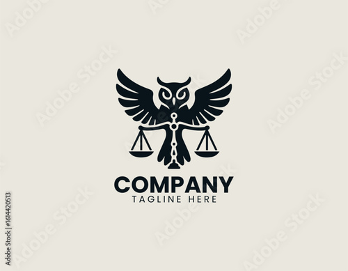 Majestic golden owl with outstretched wings holding scales of justice on a dark background. Legal concept
