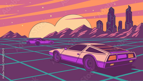 Retro futuristic synthwave car scene with grid landscape and sunset for vintage eighties aesthetic design