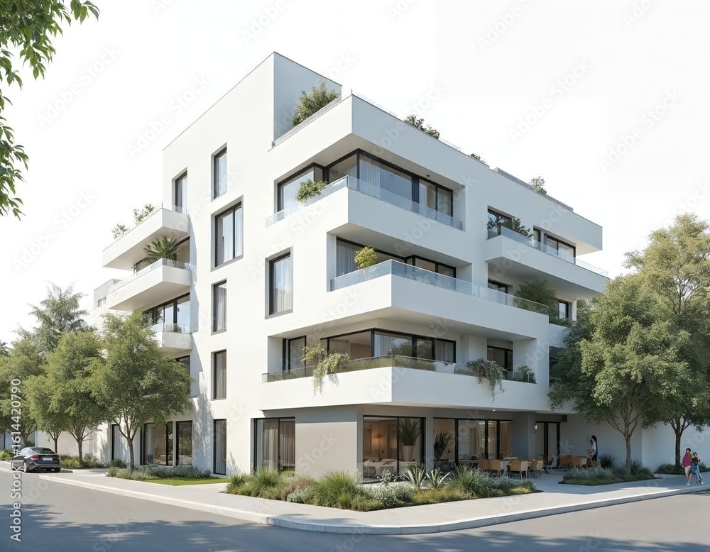 Fototapeta premium Modern white apartment building with balconies and trees image