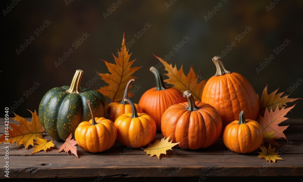 Autumn Harvest Pumpkins and Leaves