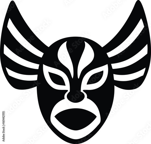 Monochrome tribal ceremonial mask graphic. Vector illustration of an ethnic face symbol.