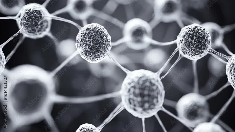 Abstract molecular structure with connected spheres in grayscale, and science background.