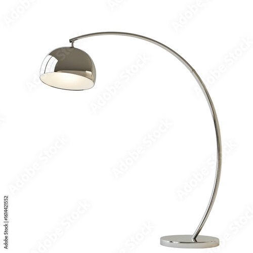 Arched chrome floor lamp casts a soft glow in the dark