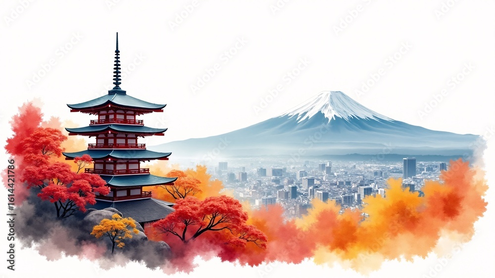 Obraz premium Japanese Pagoda, Mount Fuji, Autumn Cityscape
