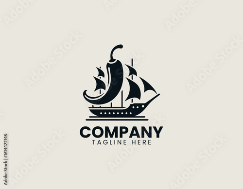 Whimsical red chili pepper shaped like a sailing ship with green sails. Culinary adventure concept