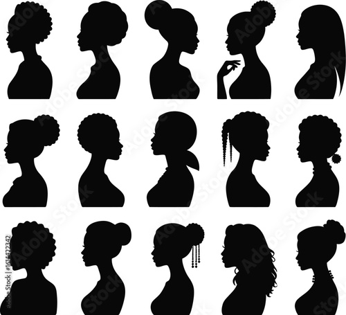 Diverse female profiles with elegant hairstyles silhouette