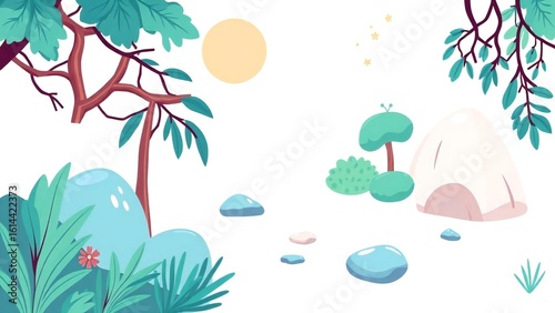 Whimsical nature scene with stylized trees rocks and a gentle sun