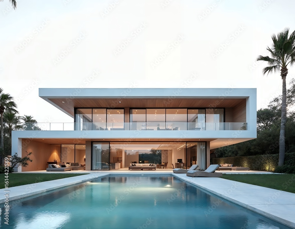 Fototapeta premium Modern white villa with swimming pool and palm trees architecture luxury