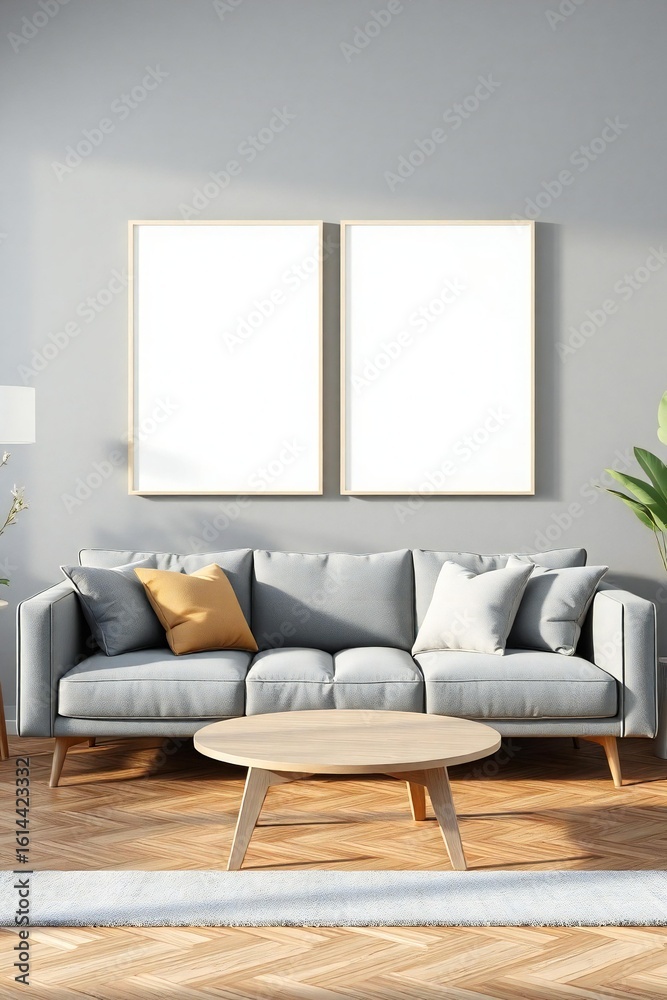 Fototapeta premium Modern living room with gray sofa and two blank picture frames