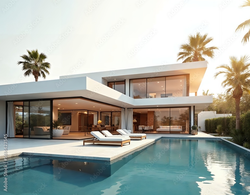 Fototapeta premium Modern white villa with swimming pool and palm trees image