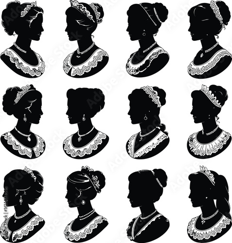 Victorian ladies ornate hairstyles necklaces silhouette