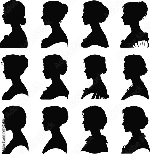 Elegant women silhouettes detailed hairstyles profile