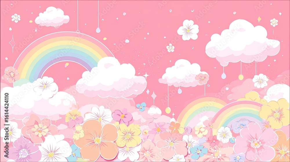 A whimsical scene featuring pastel clouds, vibrant rainbows, and delicate flowers on a soft pink background for dreamy and cheerful visual storytelling A whimsical scene featuring pastel clouds, vibrant rainbows, and delicate flowers on a soft pink background for dreamy and cheerful visual storytelling