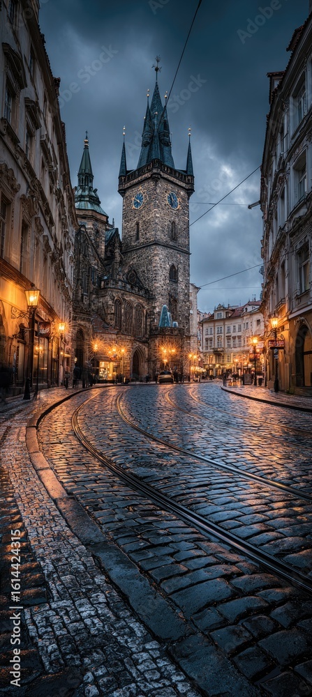 Fototapeta premium Rainy European street, historic tower