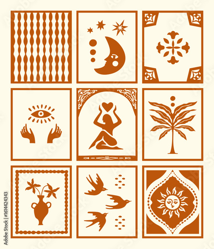Boho matisse style mystical vector illustration set in terracotta color