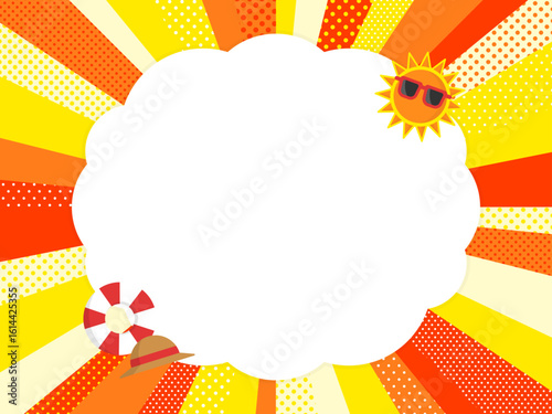 ランダムな集中線と夏アイテムのフレーム・背景素材（オレンジ系）（横向き）