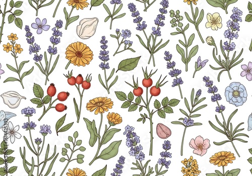 Hand-drawn botanical seamless pattern with lavender, calendula, and rose hips creating a delicate