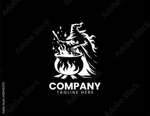 Spooky green witch with a pointy hat stirring a bubbling cauldron over a glowing fire. Halloween concept