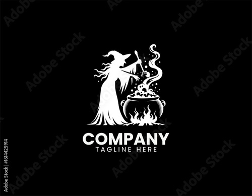 Spooky green witch with a pointy hat stirring a bubbling cauldron over a glowing fire. Halloween concept