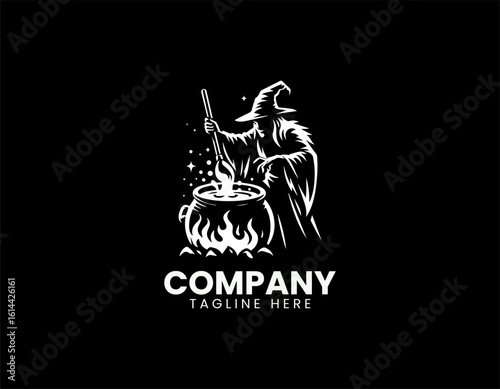 Spooky green witch with a pointy hat stirring a bubbling cauldron over a glowing fire. Halloween concept