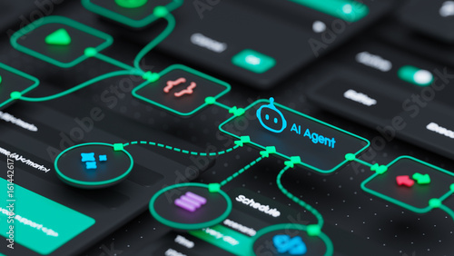 AI workflow automation artificial intelligence software interface nodes triggers data tool dashboard coding icon flow process technology 3d rendering.