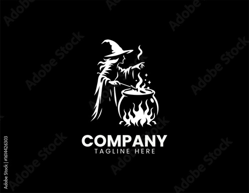 Spooky green witch with a pointy hat stirring a bubbling cauldron over a glowing fire. Halloween concept