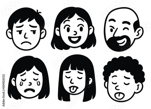 Cartoon face set with different emotional expressions including sad, crying, silly, happy, and winking characters in black and white style